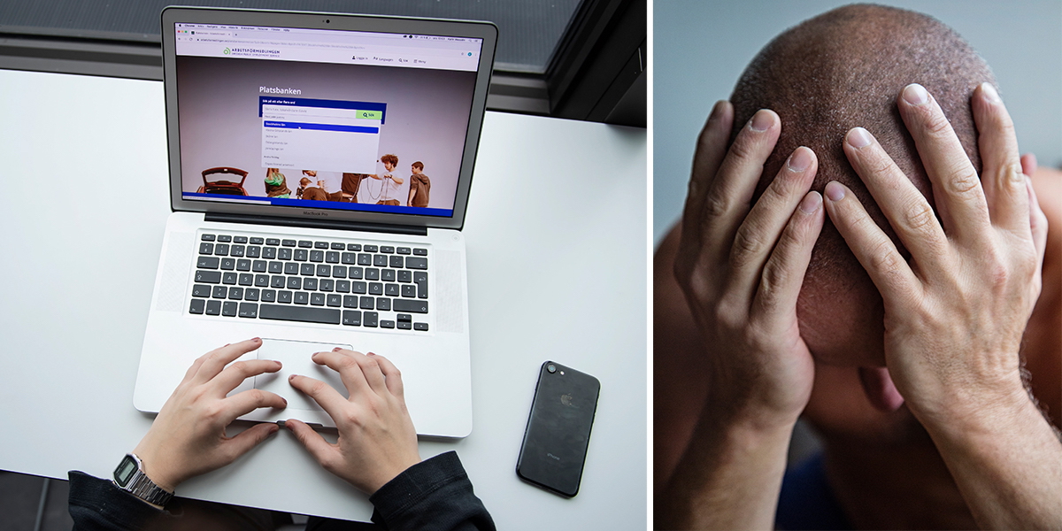 En man letar jobb på Arbetsförmedlingens webb och en man håller händerna för huvudet. Personer som varit arbetslösa o mer än 300 dagar och har aktivitetsstöd är de som drabbas allra hårdast av a-kassans nya regler.