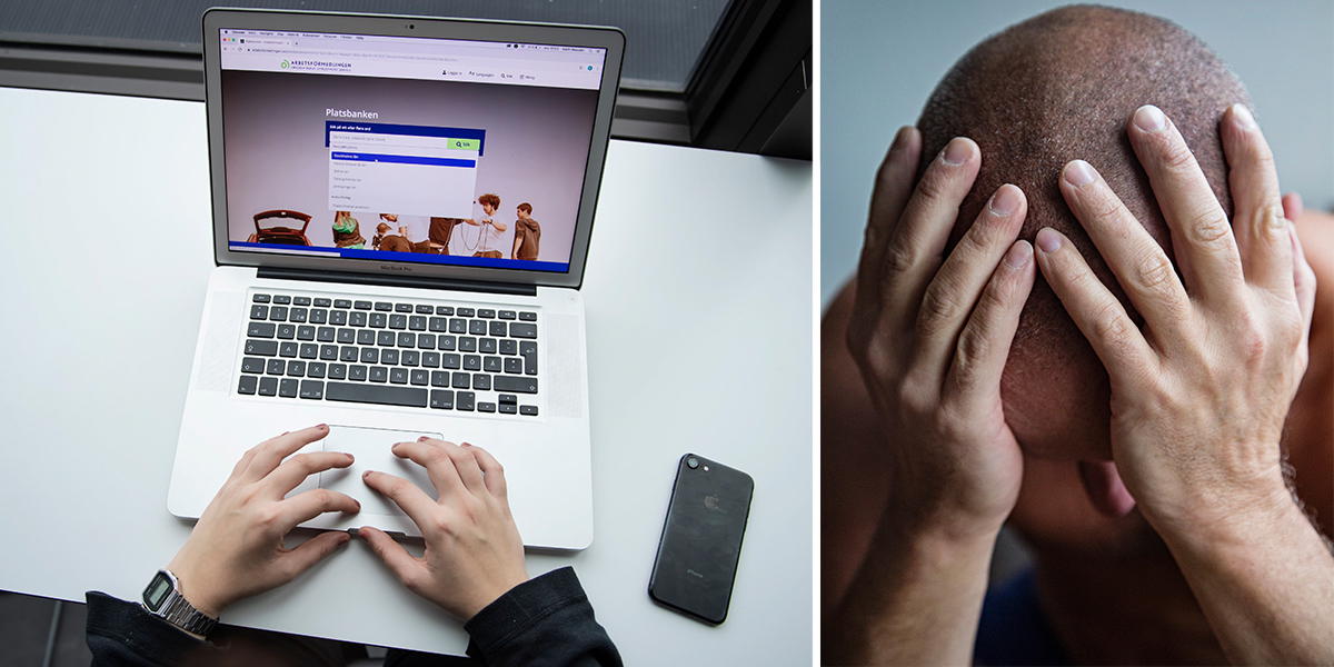 En man letar jobb på Arbetsförmedlingens webb och en man håller händerna för huvudet. Personer som varit arbetslösa o mer än 300 dagar och har aktivitetsstöd är de som drabbas allra hårdast av a-kassans nya regler.