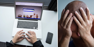 En man letar jobb på Arbetsförmedlingens webb och en man håller händerna för huvudet. Personer som varit arbetslösa o mer än 300 dagar och har aktivitetsstöd är de som drabbas allra hårdast av a-kassans nya regler.