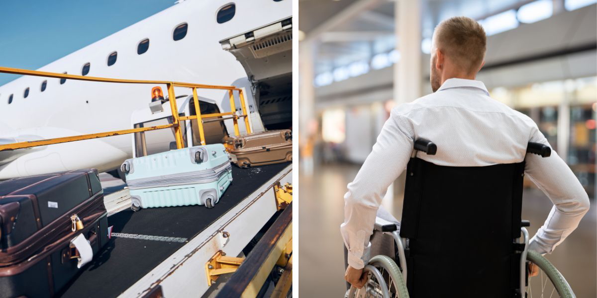 Ett bagageband med bagage som lastas i ett flygplan och en man i en rullstol på en flygåplats. Hjälpmedel som rullstolar checkas in som bagage på flygplan och om de förstörs finns det ett tak för hur mycket ersättning som betalas ut. När Mattias Renberg flög skadades hans manuella rullstol och hans elrullstol för över 300 000 totalförstördes, han får dock bara en bråkdel av det värdet i ersättning.