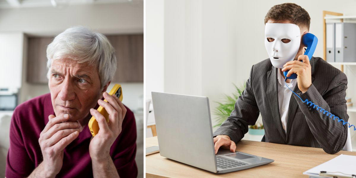 En man talar i telefon och en bedragare tittar på datorn och ringer. Sedan regeringen valt att inte stoppa söksajter från att sprida personuppgifter på internet konstaterar SPF Seniorerna att vi får fyra förlorade år i kampen mot bedrägerier.