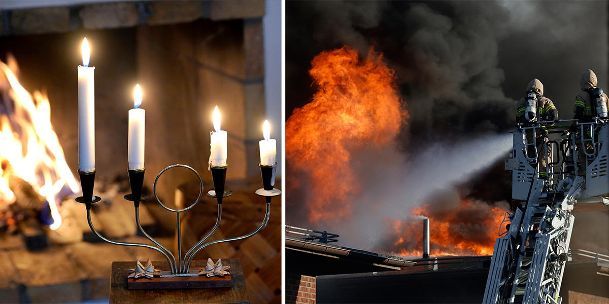 En adventsljusstake med levande ljus framför en brasa i en öppen spis och brandmän släker en brand i ett bostadshus. Vintermys med tända brasor och adventsljusstakar med levande ljus gör att risken för bränder kan öka och statistik visar att äldre har större risk att dö i bostadsbränder än övriga befolkningen.