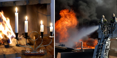 En adventsljusstake med levande ljus framför en brasa i en öppen spis och brandmän släker en brand i ett bostadshus. Vintermys med tända brasor och adventsljusstakar med levande ljus gör att risken för bränder kan öka och statistik visar att äldre har större risk att dö i bostadsbränder än övriga befolkningen.