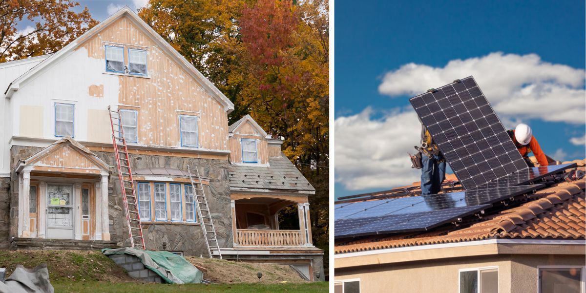 Någon renoverar fasaden på en villa och solpaneler installeras på ett tak. Från och med den 1 december 2025 tas kravet på bygglov för fasadändringar på en- och tvåbostadshus bort, vilket underlättar för fastighetsägare att exempelvis måla om, byta fasadmaterial och installera solceller.