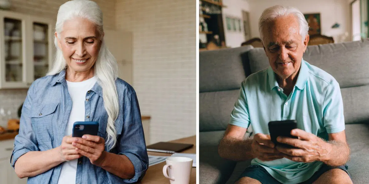 En kvinna och en man tittar i sina mobiler. Antalet skilsmässor bland personer över 50, 60 och 65 ökar, det gör också behovet av dejting, eftersom vi är friskare, piggare och lever längre. Här får du tips om några dejtingsajter och appar som passar för lite äldre människor som söker kärlek.