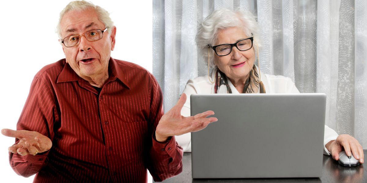 En man vet inte hur han ska göra och en kvinna sitter framför datorn. Enligt en lägesbild från Post- och telestyrelsen är det fortfarande många som lever i digitalt utanförskap och de flesta av dem är äldre med funktionsnedsättningar.
