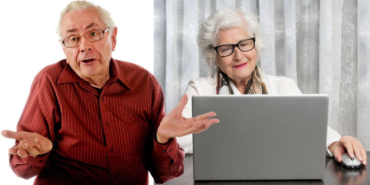 En man vet inte hur han ska göra och en kvinna sitter framför datorn. Enligt en lägesbild från Post- och telestyrelsen är det fortfarande många som lever i digitalt utanförskap och de flesta av dem är äldre med funktionsnedsättningar.