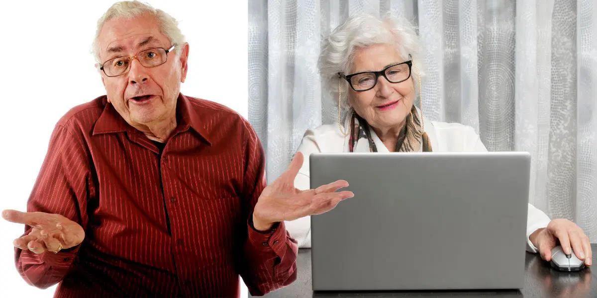 En man vet inte hur han ska göra och en kvinna sitter framför datorn. Enligt en lägesbild från Post- och telestyrelsen är det fortfarande många som lever i digitalt utanförskap och de flesta av dem är äldre med funktionsnedsättningar.