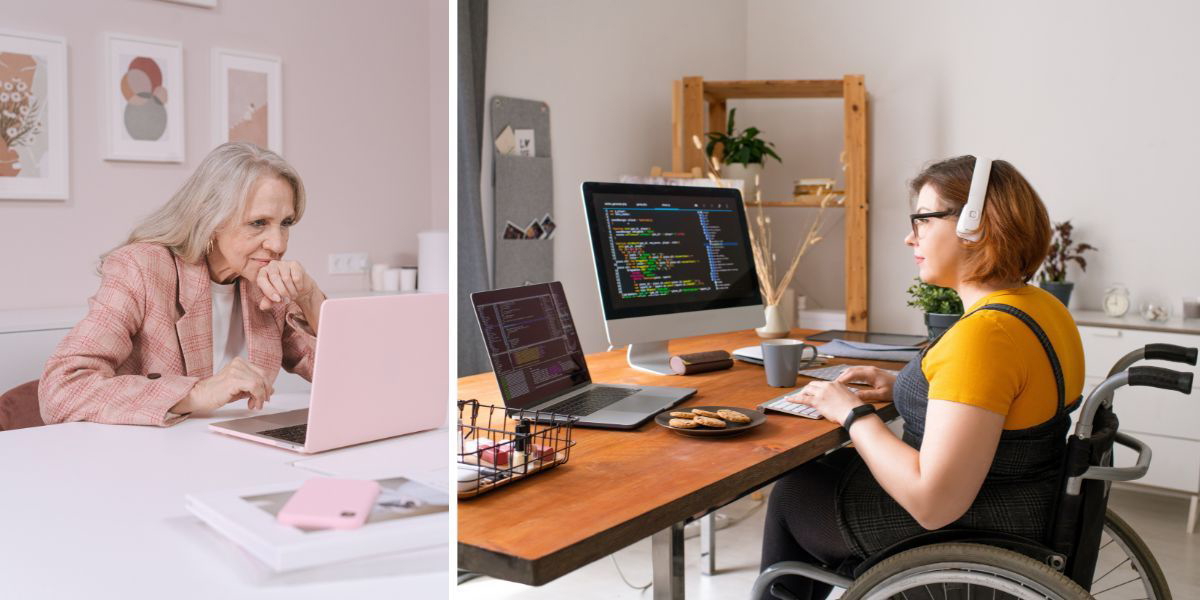 En äldre kvinna jobbar hemma och en ung rullstolsburen kvinna jobbar hemma. Distansarbete har ökat möjligheten att arbeta heltid för funktionsnedsatta och det kan även öka möjligheten för äldre att fortsätta jobba.