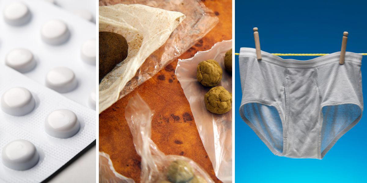 En karta med vita piller, hasch som håller på att portionsförpackas och ett par kalsonger. En pensionär som sålde droger ertappades vid en misstänkt drogaffär med ett par kalsonger som hade fickor med portionsförpackad hasch och det narkotikaklassade läkemedlet tramadol.