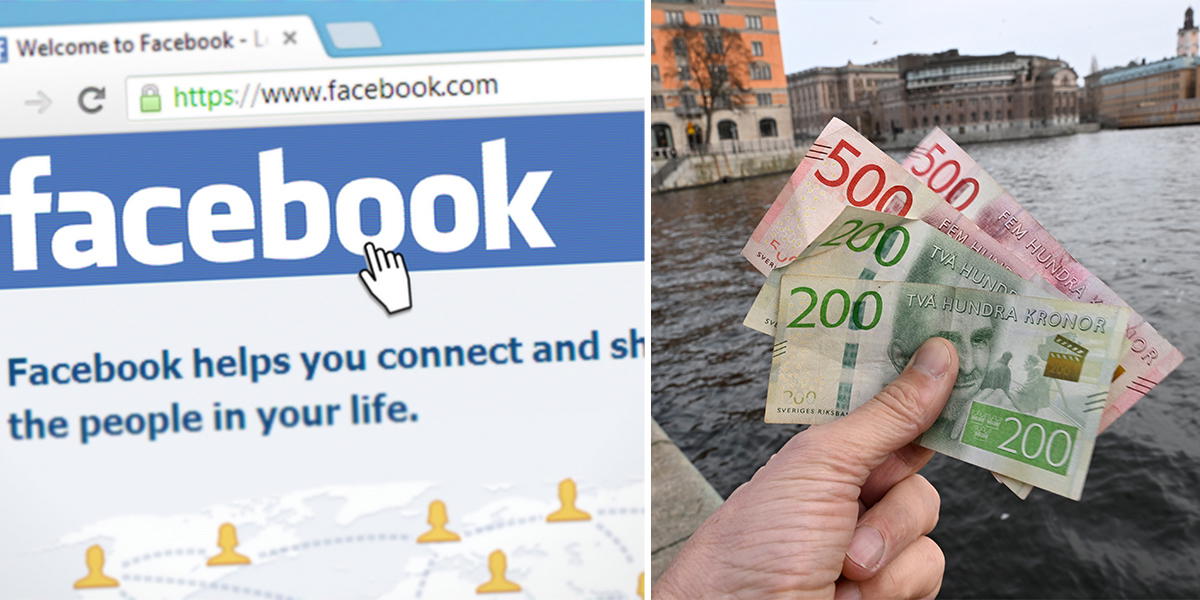 Facebook på en dator och en hand håller i sedlar. Tusentals människor söker helt oreglerade lån från privatpersoner i Facebookgrupper.