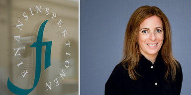 Finansinspektionens logga och myndighetens konsumentskyddsekonomen Moa Langemark, hon ger rådet att bara investera pengar du har råd att förlora.