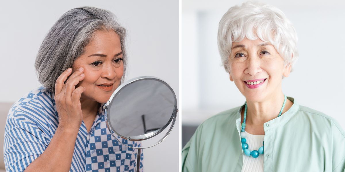 en kvinna med page speglar sig och en kvinna med kort hår ler. Din frisyr kan påverka hur gammal du ser ut när ditt ansikte har börjat visa spår av åldrande. Här får du tips om vad som kan passa.