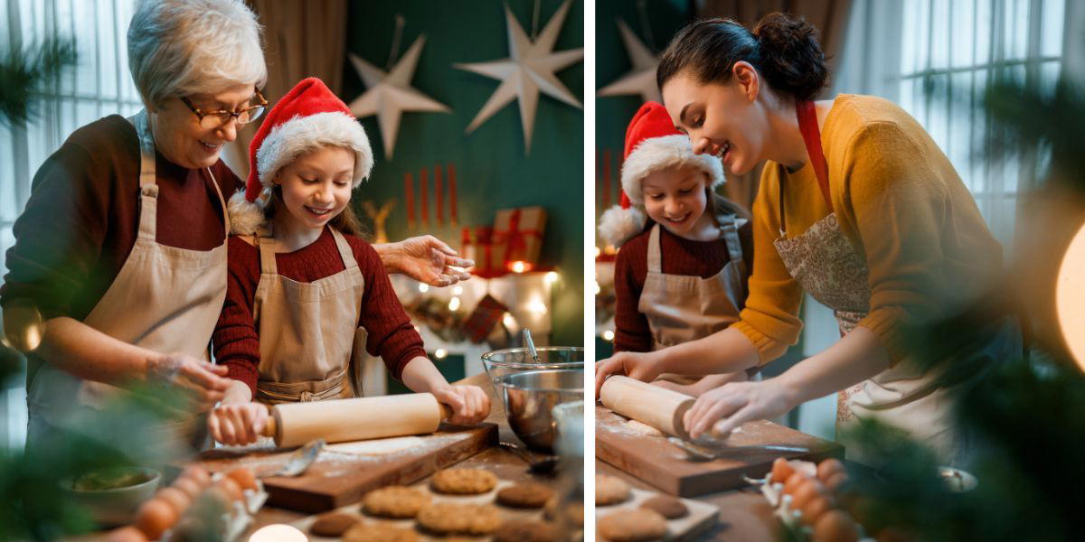 En mormor och en mamma bakar med en flicka. År efter år är det kvinnorna som tar mest ansvar för julen, men även för allt annat obetalt hemarbete, något som påverkar jämställdheten negativt.