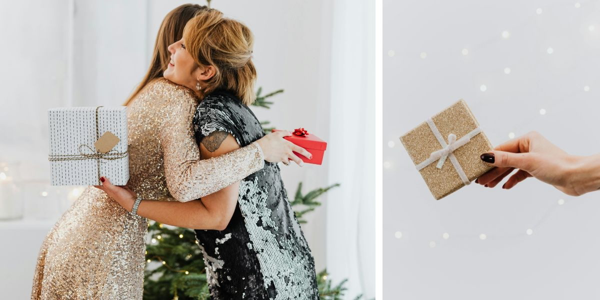 Två kvinnor som har gett varandra en julklapp kramas och någon sträcker fram ett paket. Är det bättre att ge än att få? Så här säger forskningen.