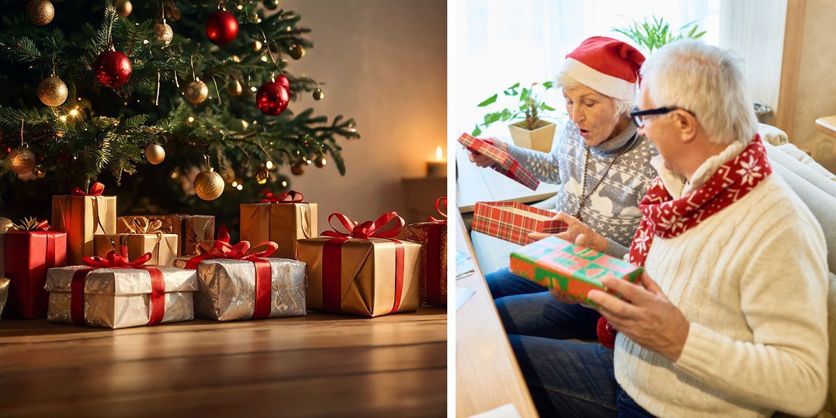 Julklappar under en julgran och två personer öppnar julklappar