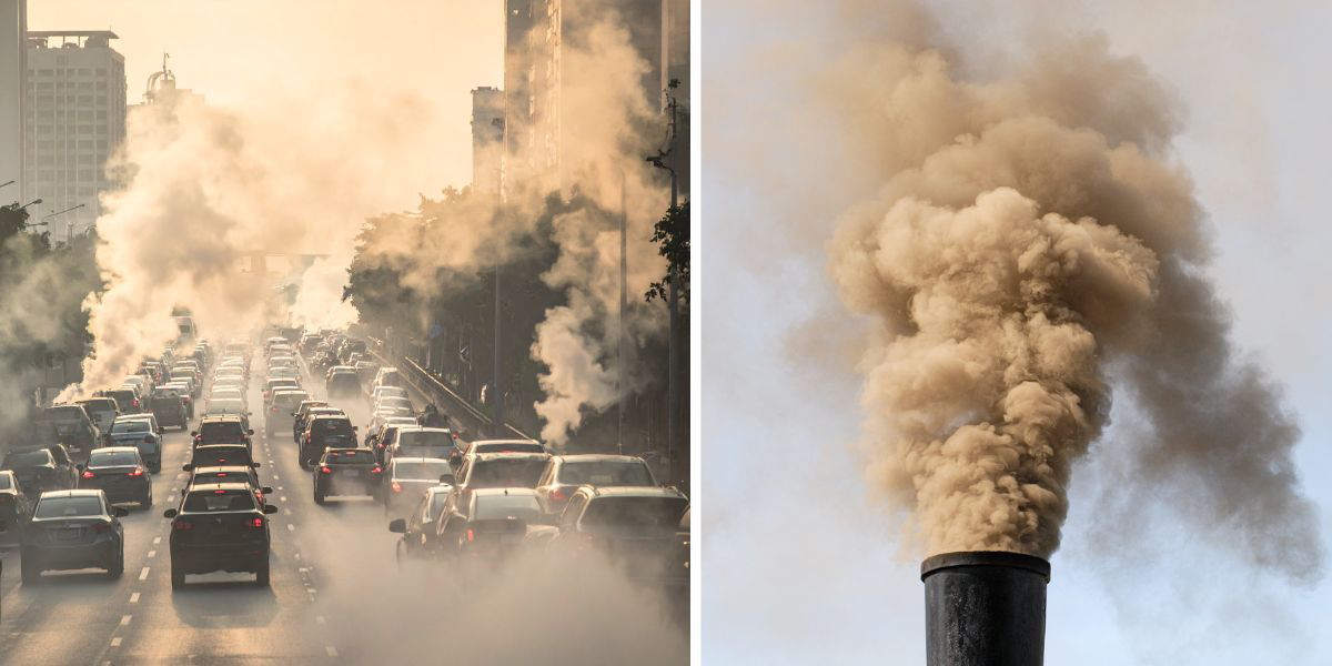 Luftföroreningar från bilar och en fabriksskorsten. En ny rapport från FN:s miljöprogram UNEP visar att världen står inför flera sammankopplade kriser som är på väg att nå en oåterkallelig brytpunkt och att en radikal kursförändring med fossilfri energi och cirkulära lösningar krävs.