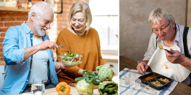 Ett par fixar i ordning en sallad och en man äter färdigmat i en plastbytta.