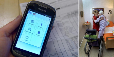 ParaGå, mobilt dokumentationssystem som används för tidregistrering och som stödjer minutstyrning inom hemtjänsten och ett vårdbiträde på hemtjänsten hjälper en kvinna att stiga upp på morgonen.