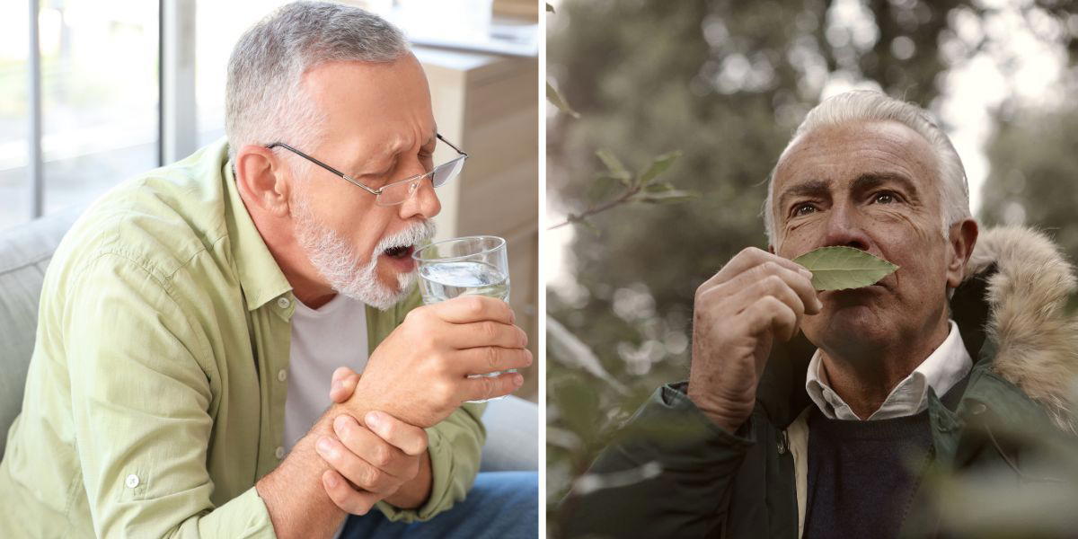 En man håller i sin hand som håller ett glas och en man luktar på ett blad. Flera år innan symtom som skakningar, stelhet och långsamma rörelser uppträder vid Parkinsons sjukdom kommer ett annat varningstecken på att den degenerativa processen har börjat.