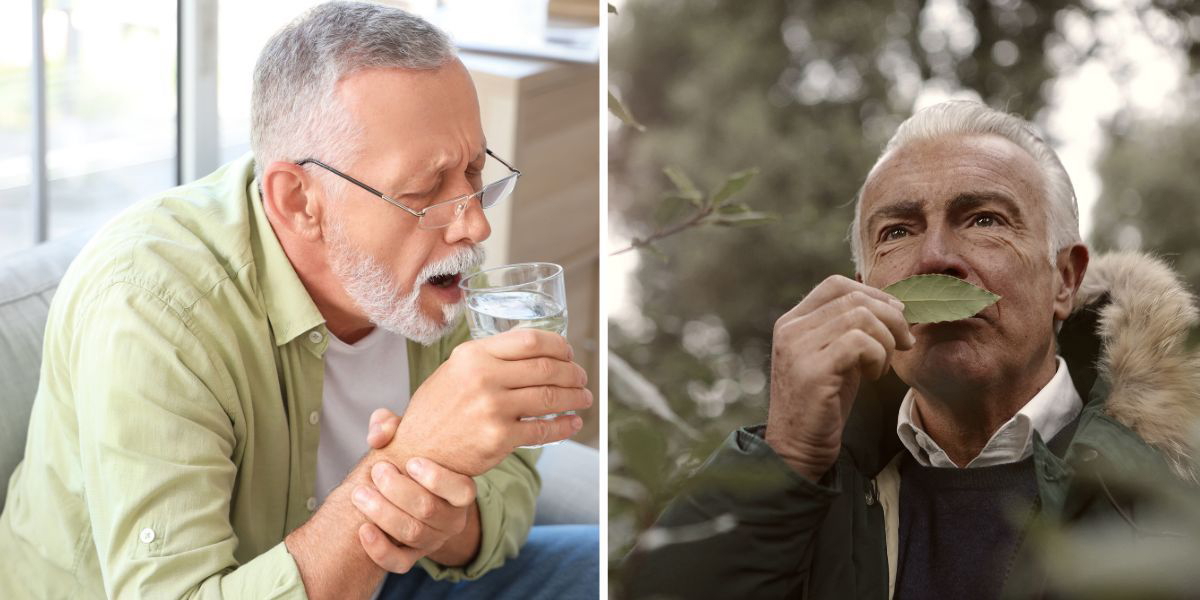 En man håller i sin hand som håller ett glas och en man luktar på ett blad. Flera år innan symtom som skakningar, stelhet och långsamma rörelser uppträder vid Parkinsons sjukdom kommer ett annat varningstecken på att den degenerativa processen har börjat.