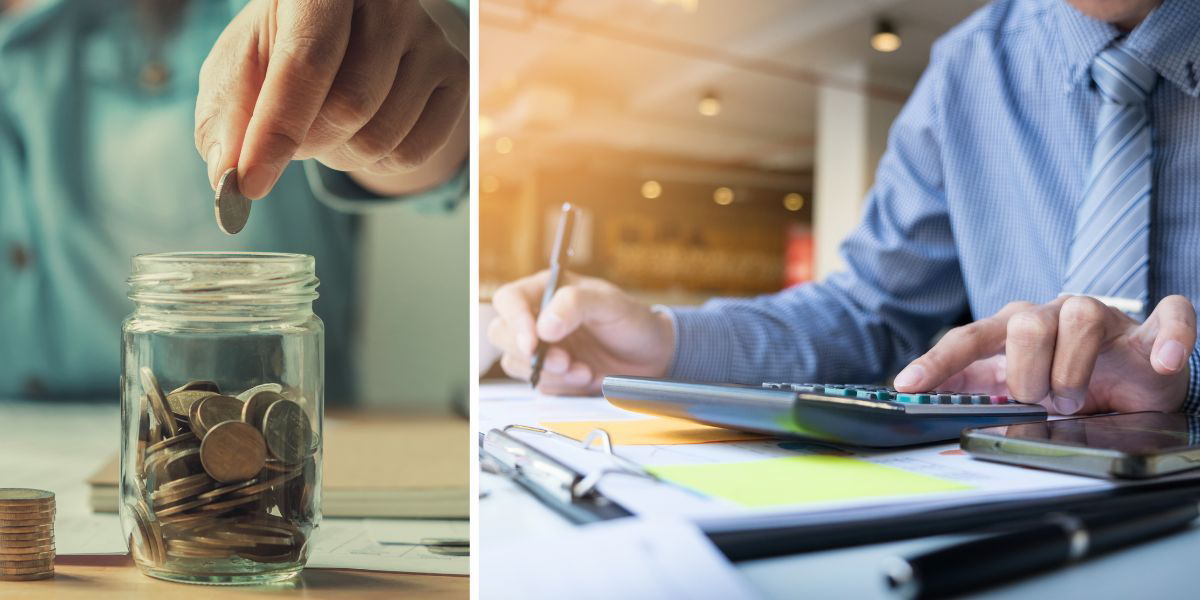 En person lägger pengar i en burk och en person kollar sitt konto på nätet. Här får du tips om vad som kan vara den bästa sparformen för ditt pensionssparande.