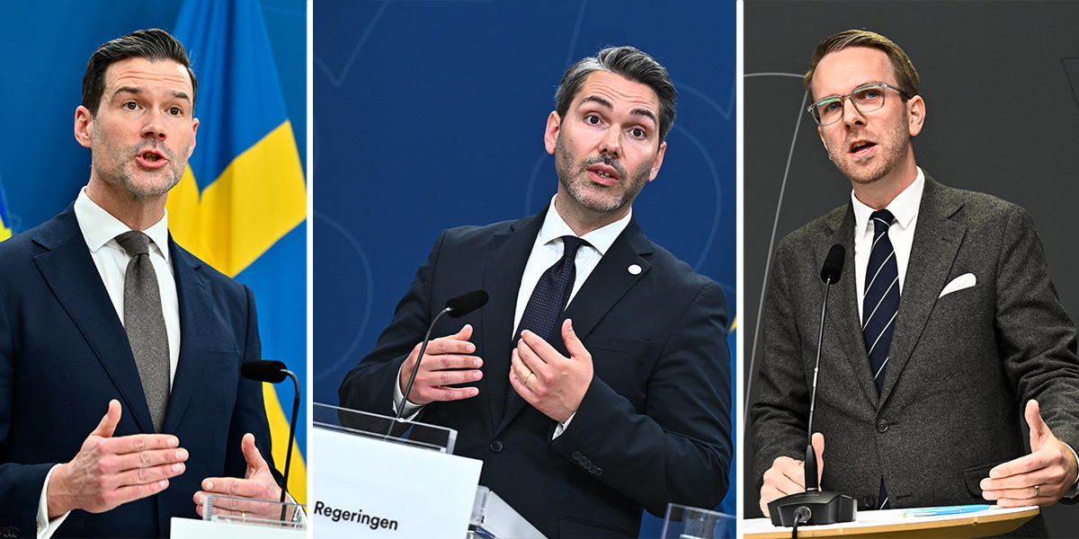 Infrastruktur- och bostadsminister Andreas Carlson (KD), Patrik Karlson (L) och Migrationsminister Johan Forssell (M), de uttalar sig om regeringens föreslagna nya lag som ska ge fastighetsägare rätt att ta ut en avgift förområdessamverkan.