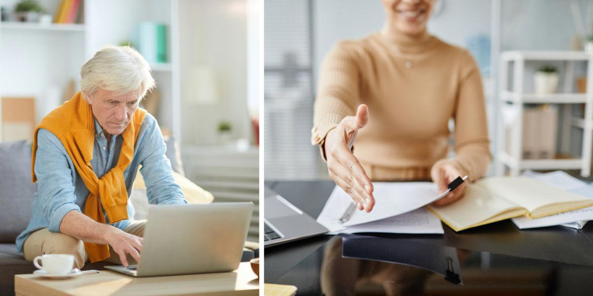 En man skriver en jobbansökan och en rekryterare. Åldersdiskriminering är vanlig i rekryteringar trots att arbetsgivare faktiskt uppskattar äldres medarbetares kompetens.