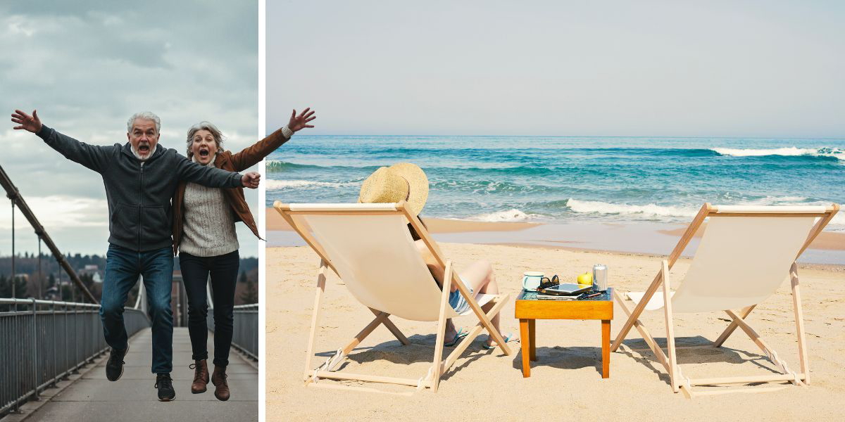 Två glada pensionärer och en pensionär sitter på en strand. Nu ska sink-skatten sänkas, vilket gör det lite billigare att bo utomlands för 90 000 utlandssvenskar