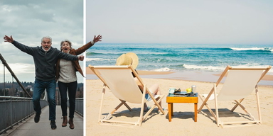 Två glada pensionärer och en pensionär sitter på en strand. Nu ska sink-skatten sänkas, vilket gör det lite billigare att bo utomlands för 90 000 utlandssvenskar