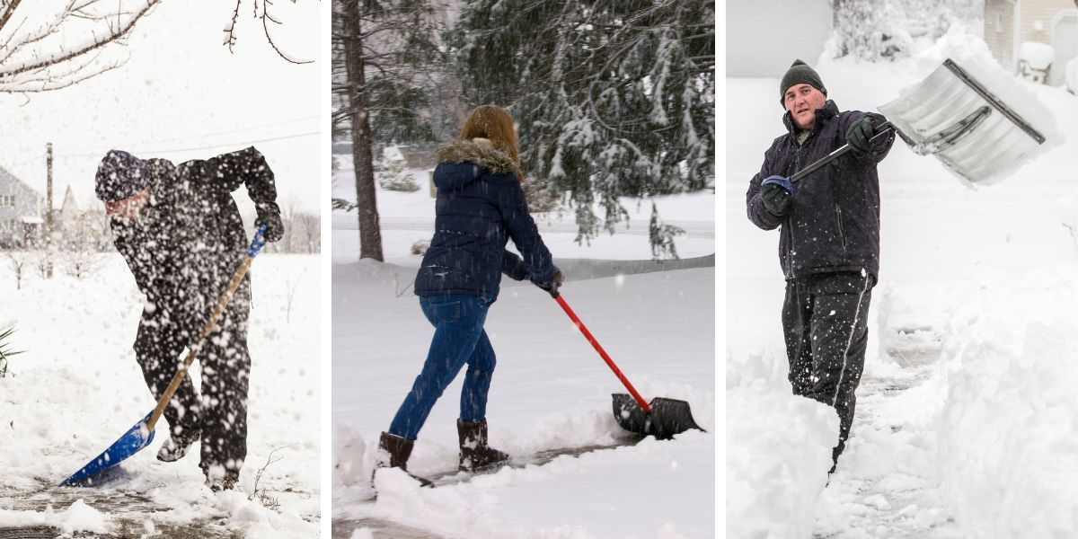 Tre personer skottar snö på olika sätt. Snöskottning är ansträngande för hjärtat, ett råd är att hellre knuffa eller sopa snön än att lyfta och kasta den för det kräver lite mindre ansträngning.