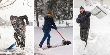 Tre personer skottar snö på olika sätt. Snöskottning är ansträngande för hjärtat, ett råd är att hellre knuffa eller sopa snön än att lyfta och kasta den för det kräver lite mindre ansträngning.