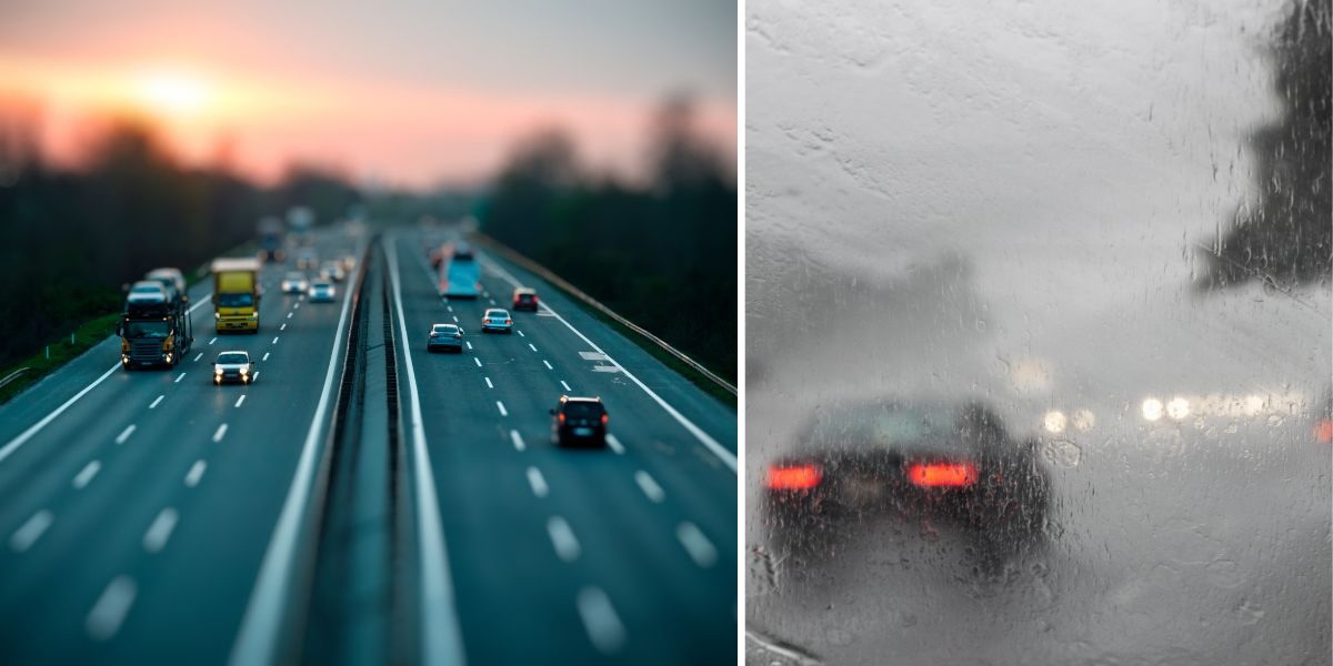 En mittseparerad motorväg och bilar kör i regn. Trafikverket vill helst att vi använder de större vägarna och andra mittseparerade vägar i jultrafiken då de är säkrare och vi har ett läge med mycket halka som kan dyka upp precis var som helst.