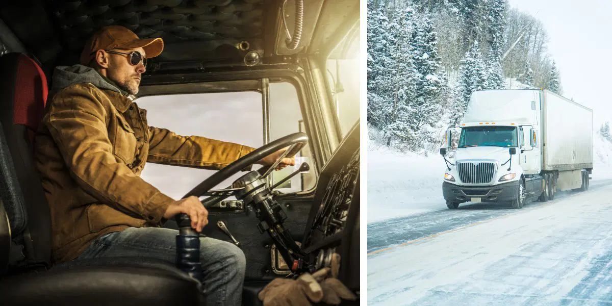 En lastbilschaufför och en lastbil på en vinterväg. När arbetsgivarens tjänstepensionsinbetalningar upphör vid 65 får en privatanställd lastbildchaufför i praktiken en reallönesänkning på 17 371 kronor på ett år, baserat på grundlön och heltid.