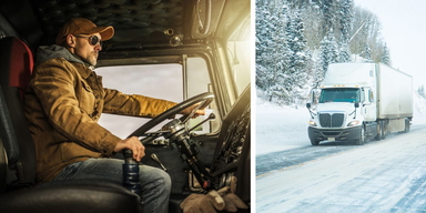 En lastbilschaufför och en lastbil på en vinterväg. När arbetsgivarens tjänstepensionsinbetalningar upphör vid 65 får en privatanställd lastbildchaufför i praktiken en reallönesänkning på 17 371 kronor på ett år, baserat på grundlön och heltid.