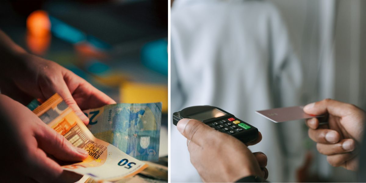 Händer håller i Eurosedlar och någon betalar med kort. I hela euroområdet användes kontanter för 52 procent av alla personliga transaktioner år 2024, nu har Europa insett att det trots allt kan vara bra att ha en del pengar i sedlar och mynt.