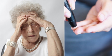 En öldre kvinna är bekymrad och någon tar ett blodprov i fingret. Ett enkelt blodprov i fingret som kan tas hemma kan enligt en ny svensk studie användas för att påvisa biomarkörer för Alzheimers sjukdom.