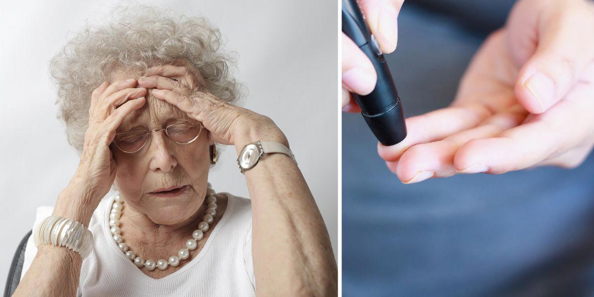 En öldre kvinna är bekymrad och någon tar ett blodprov i fingret. Ett enkelt blodprov i fingret som kan tas hemma kan enligt en ny svensk studie användas för att påvisa biomarkörer för Alzheimers sjukdom.