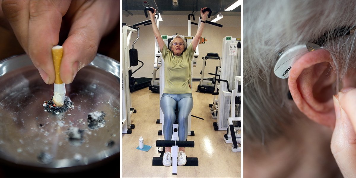 Någon fimpar, en kvinna tränar och en person har hörapparat. Genom att förändra livsstilsfaktorer som går att förändra, som att fimpa för gott om du röker, motionera och röra på dig och använda hörapparat om du har nedsatt hörsel, kan du minska risken att drabbas av demens.