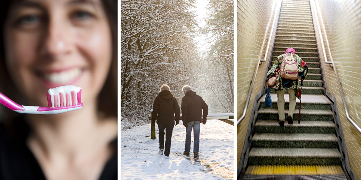 En kvinna norstar tänderna, ett par promenerar och en man går i trappor. Stå på ett ben när du borstar tänderna, promenera mer och gå i trappor är några tips på vardagsmotion som kan vara enkla och bra sätt att förbättra hälsan.