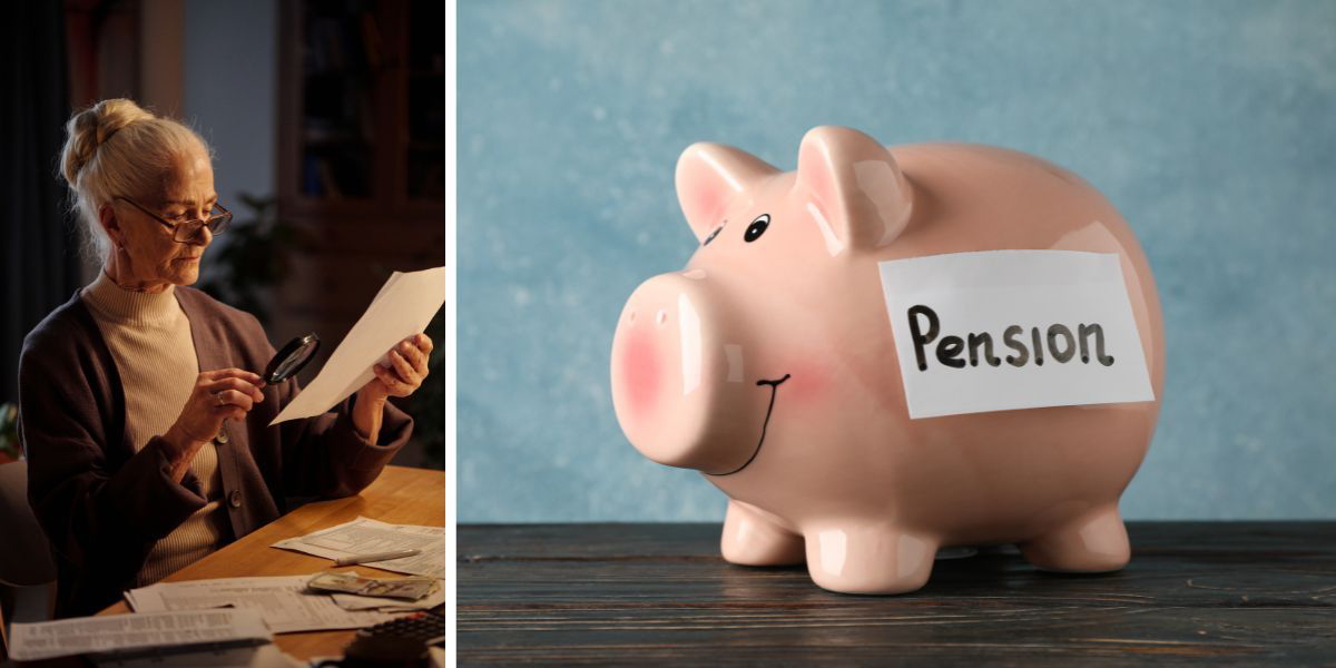 En kvinna läser ett papper med förstpringsglas och en spargris med ordet pension