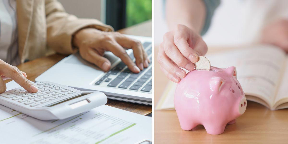 En person räknar och en person lägger pengar i en spargris. Hur sköter man bäst sitt pensionssparande i tider när börsen svajar?