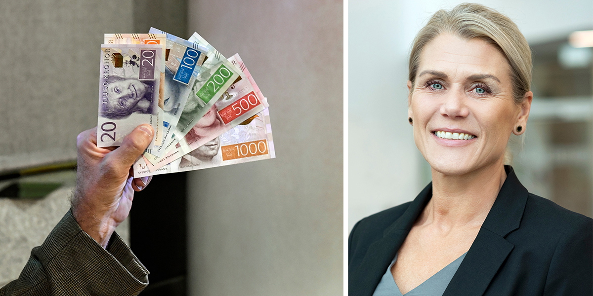 En hand håller i sedlar och Madelén Falkenhäll, ekonom för finansiell hälsa på Swedbank, hon säger att sparandet ökar i alla åldrar och att allt fler är medvetna om att de behöver komplettera sin pension med eget kapital
