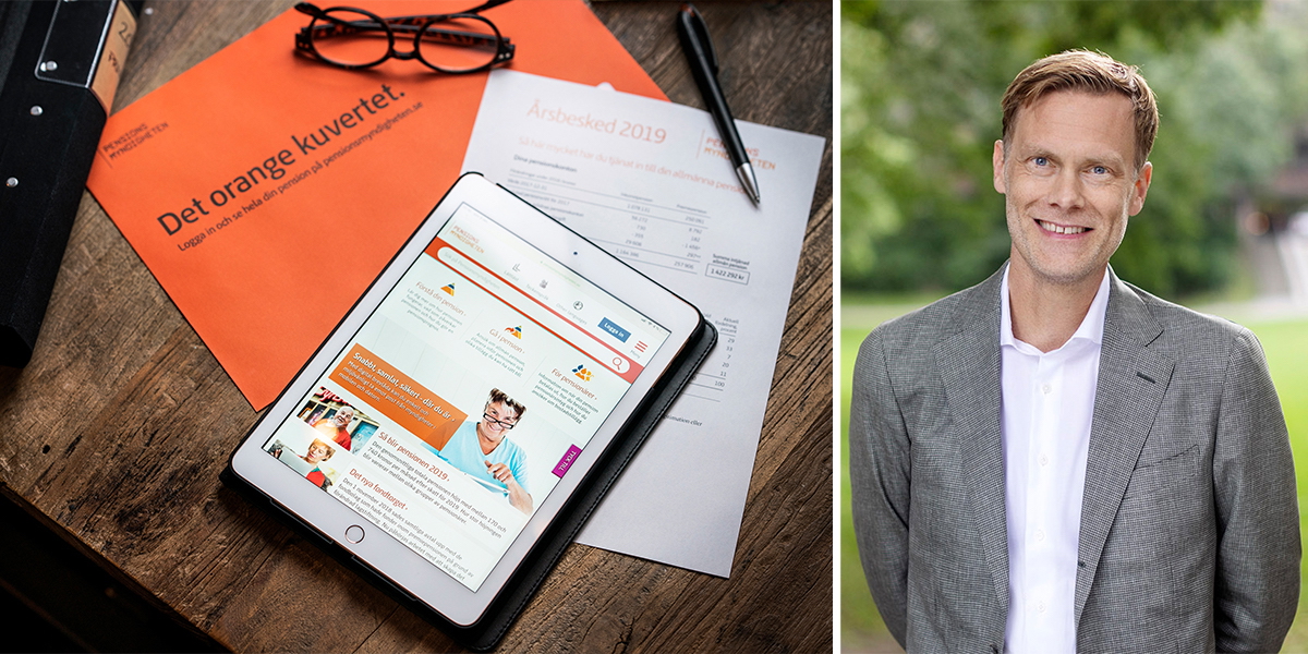 Kuvert med information om din pension från Pensionsmyndigheten och pensionsekonomen Dan Adolphson Björck