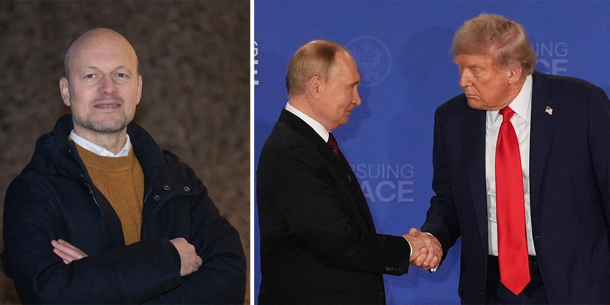 Georg Riekeles, till vänster, som arbetar med geopolitik samt Europas framtid, säkerhet och försvar anser att Vladimir Putin, i mitten och Donald Trump, till höger för en stormaktspolitik som präglas av principen att makt ger rätt.