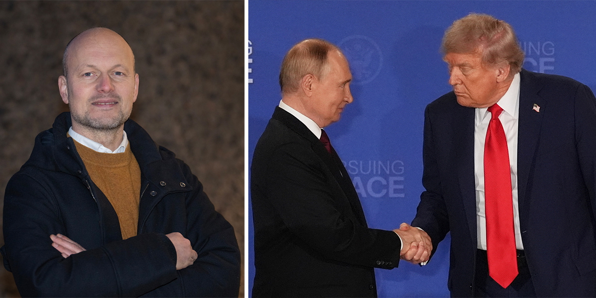 Georg Riekeles, till vänster, som arbetar med geopolitik samt Europas framtid, säkerhet och försvar anser att Vladimir Putin, i mitten och Donald Trump, till höger för en stormaktspolitik som präglas av principen att makt ger rätt.