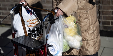 En pensionär med rullator går med enkla matkassar längs en gångväg i Södertälje. Tusentals medlemmar i Pensionärernas riksorganisation, PRO, har gått ut och handlat i matvarubutiker runt om i landet för att ta reda på vilken matkedja som är billigast. i årets prisundersökning.