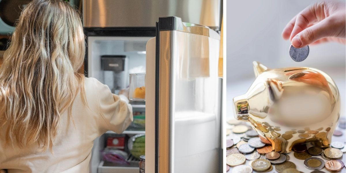 En kvinna tittar i sitt kylskåp och någon stoppar pengar i en spargris. Ett sätt att spara pengar är att gå igenom vad du redan har i kylskåpet och skafferiet så att du ser vad du inte behöver handla.