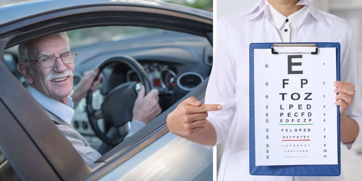 En äldre man kör bil och en kvinna håller i ett syntest. Obligatorisk synundersökning för förare över 70 år, det kan bli verklighet i Storbritannien.