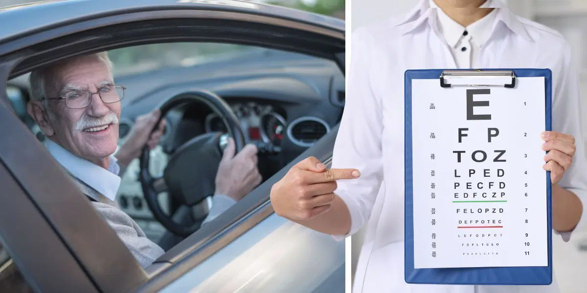 En äldre man kör bil och en kvinna håller i ett syntest. Obligatorisk synundersökning för förare över 70 år, det kan bli verklighet i Storbritannien.